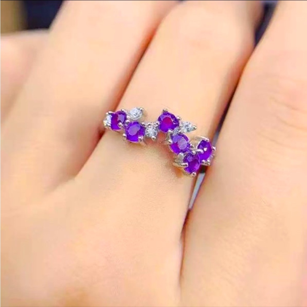 Pt950 STAR CLUSTER Batural Amethyst Ring